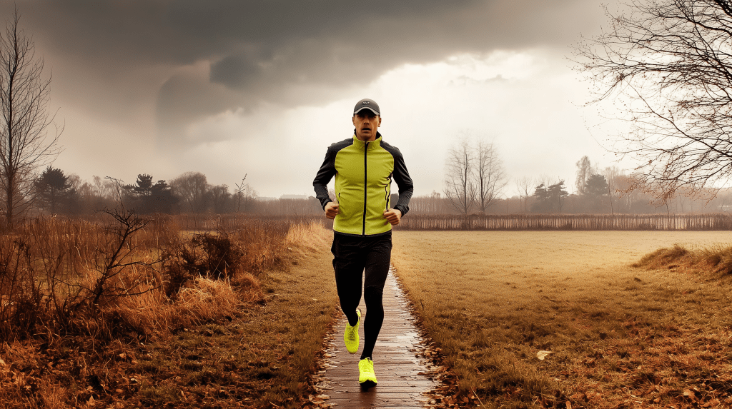 A man running on a path in a field on a dark and cloudy day in winter