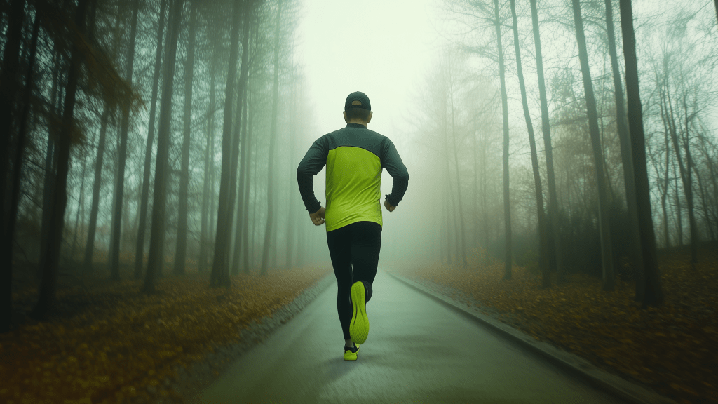 A man running away from camera on a misty laneway in winter