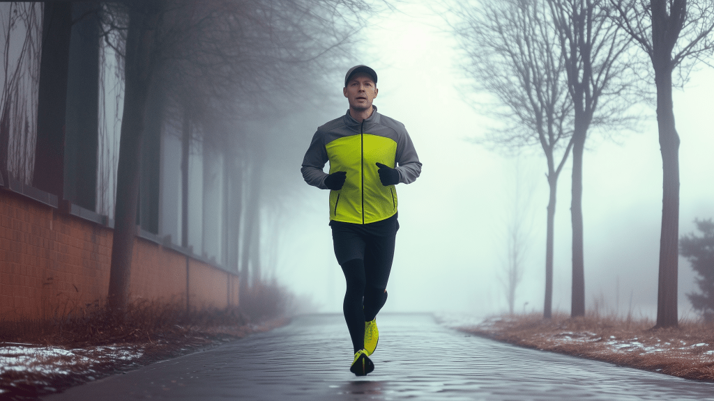 A man running on a misty laneway in winter