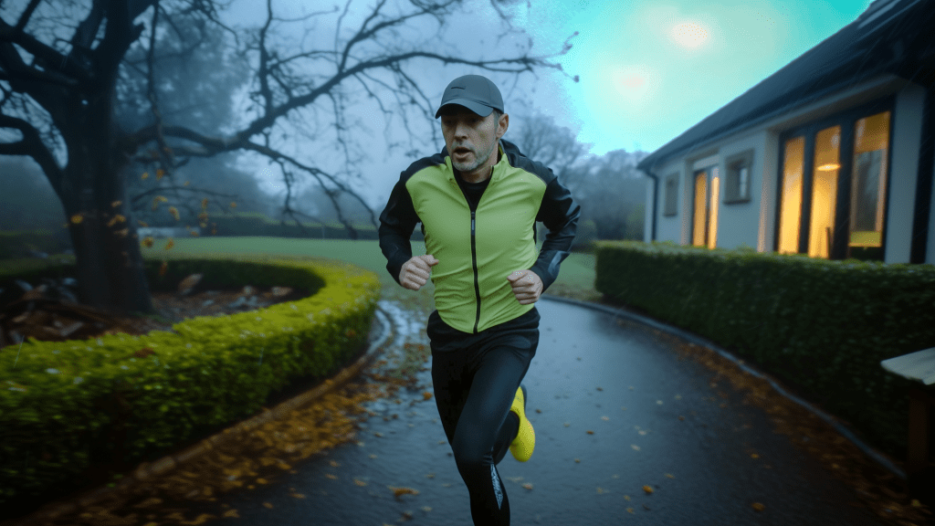 A man running past a cottage on a misty laneway in winter